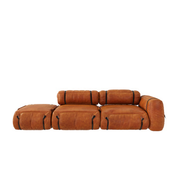 YUANF Designer Leather Sofa Retro Style, Eco-Tanned Leather & Walnut Options