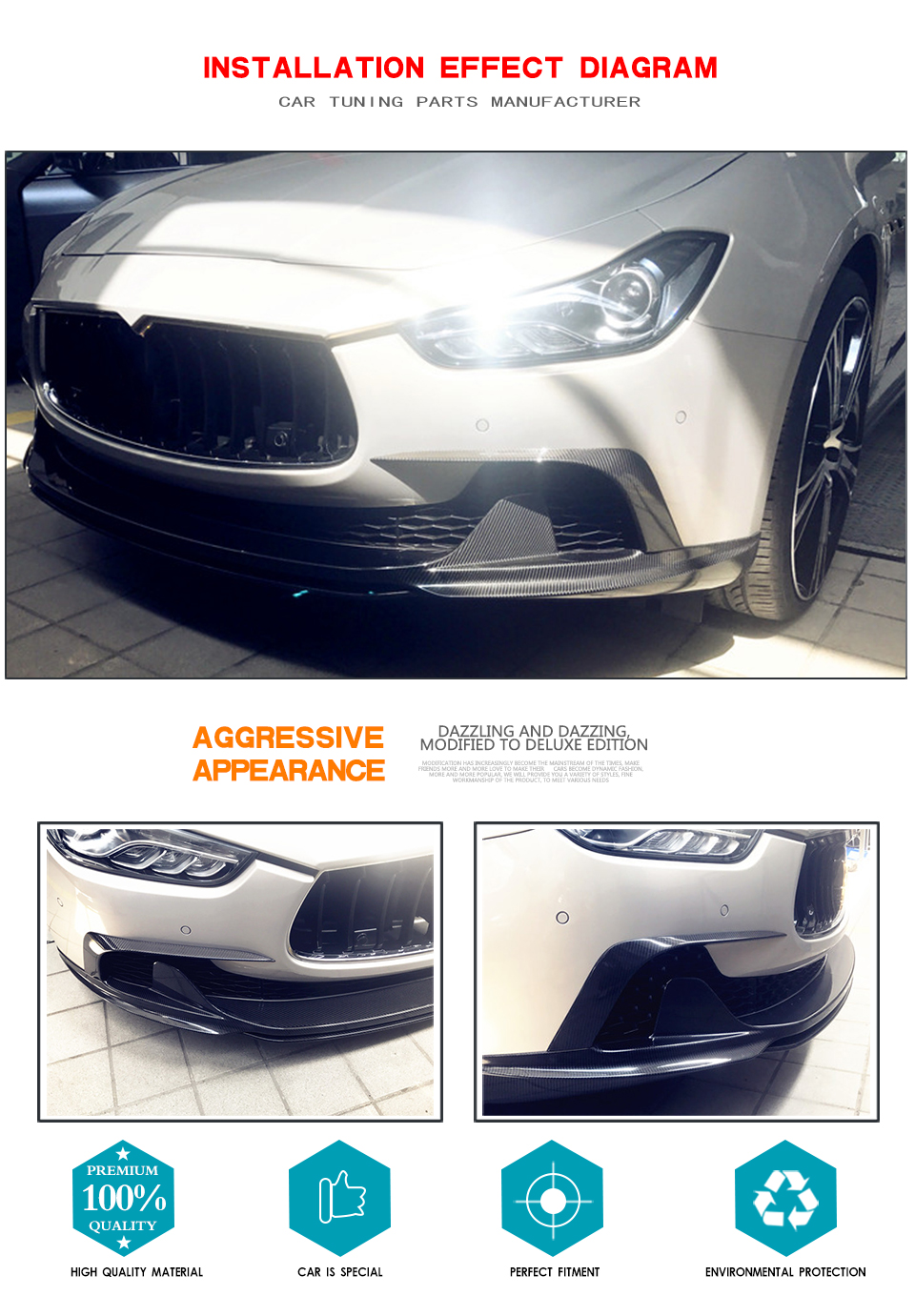 Auto Carbon Fiber Front Lip Spoiler for Maserati Ghibli S Q4 Sedan 4-Door 2014-2016