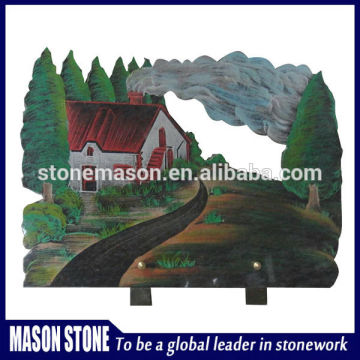 Colorful landscape etching carved memorial plaques with color granite