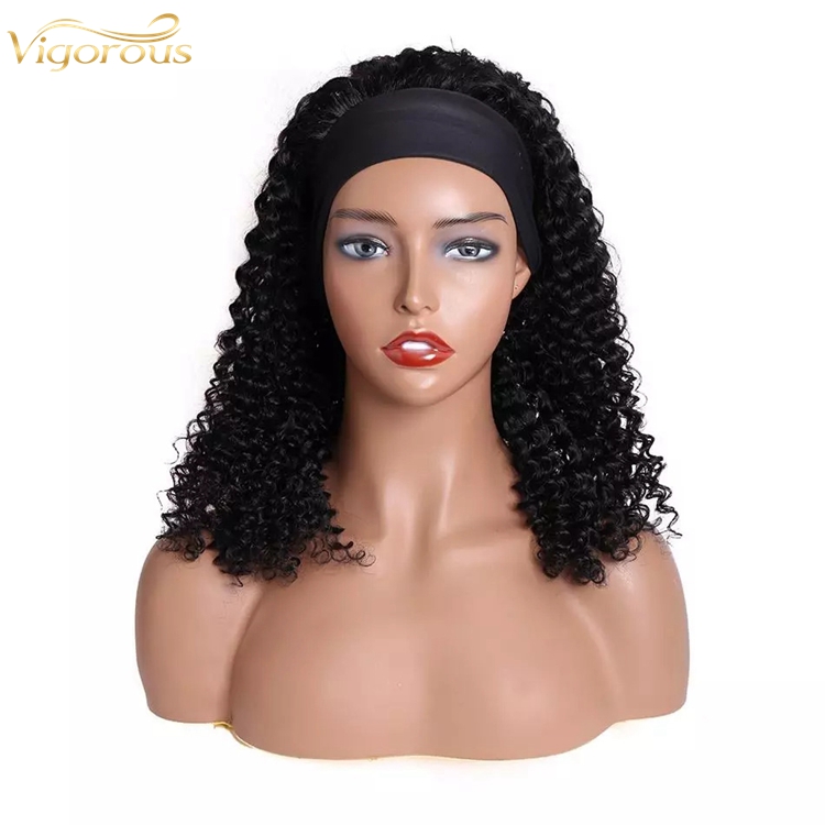 Wholesale Black 20 Inch Body Wave Cheap Women's Raw Brazillian Real Human Hair Half Wigs With Ice Silk Headband Clipin Curly