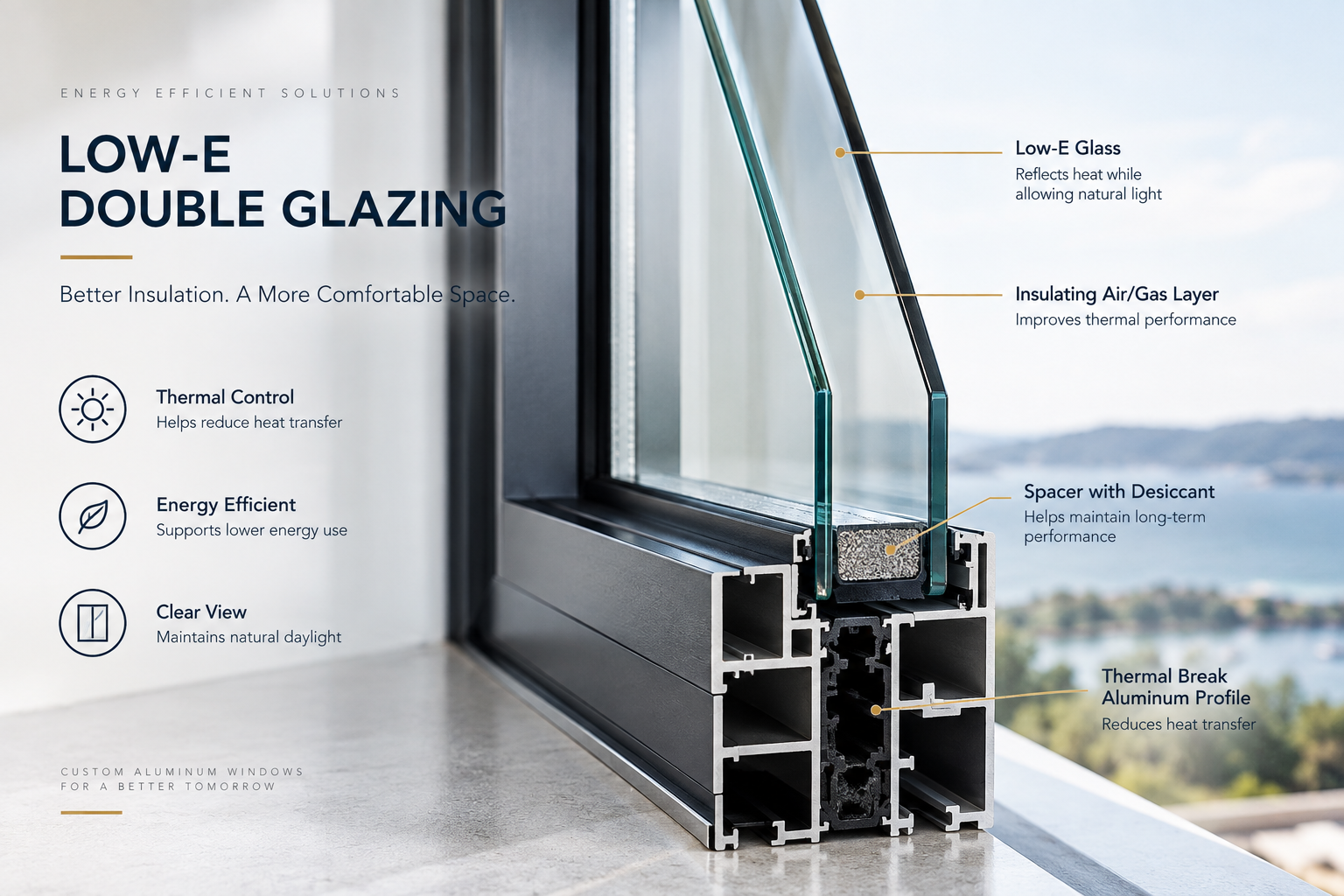Low-E double glazing cross section for an energy efficient aluminum window