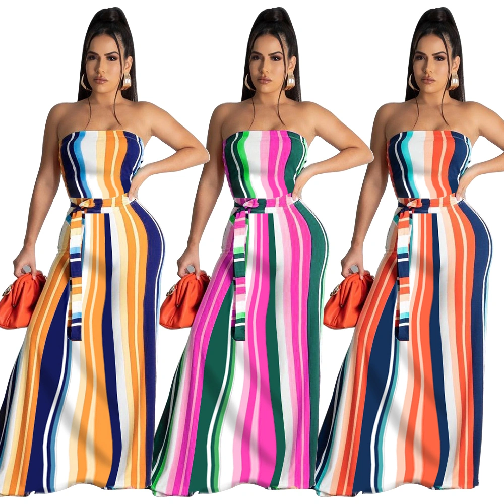 L51702 Factory Direct Sale New Arrival Summer Fashion Sexy Strapless Striped Long Dress