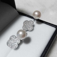 AAA 8-9MM 925 Silver Freshwater Pearl Earrings Lucky clover Lovely PE048