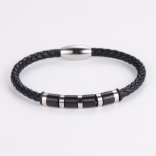 Stainless Steel Genuine Braid Black Leather Magnetic Bracelets for Men's Fashion