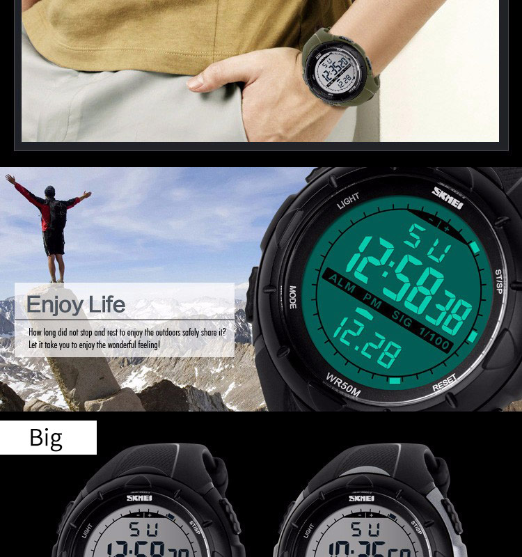 SKMEI 1025 Men Digital Watches Outdoor 3D Pedometer LED 50M Waterproof Diving Men Wristwatch Relogio