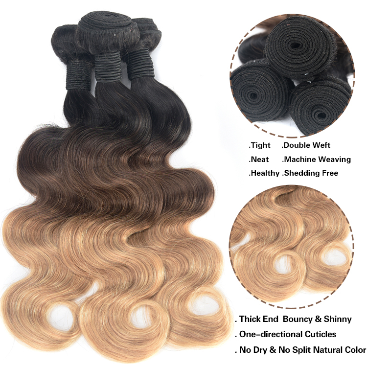 DropShipping Grade 10A Virgin Hair Weave Peruvian Hair Color 1B4/27 Body Wave Ombre Hair Extension.