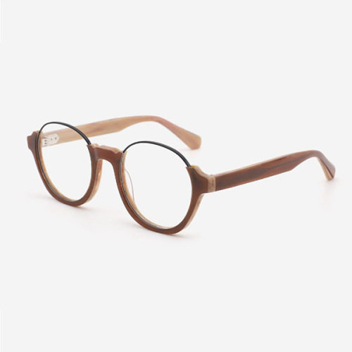 Round Acetate And Metal Combined Women`s Optical Frames 24A3004