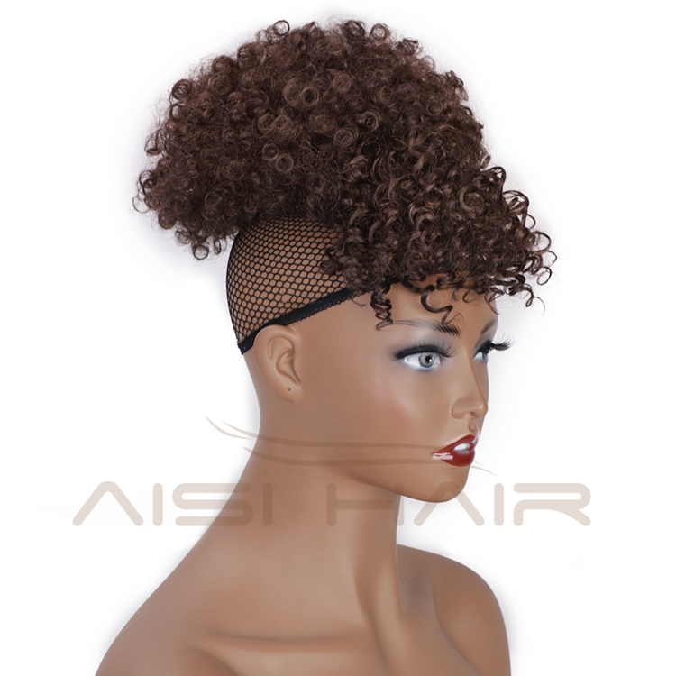 Aisi Hair Afro Puff Ponytail With Bangs Short Kinky Curly Hair Bun Clip In On Wrap Drawstring Updo Hair Extensions For Women