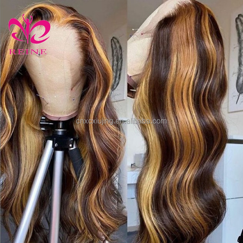 REINE Design Honey Blonde Highlight Wigs,Color 4/27 Highlight Lace Frontal Human Hair Full Lace Frontal Wigs,Brown Highlight Wig