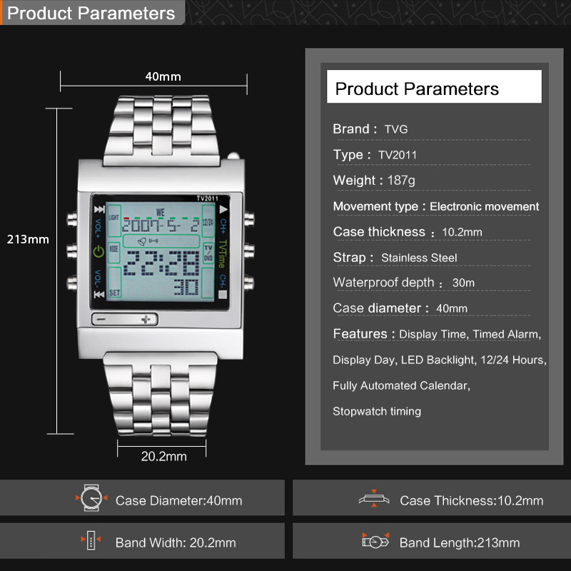 TVG TV2011 Men Digital Movement Watch Casual Multi-function Stainless Steel Band Watch Alarm Back Light