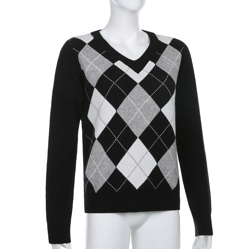 V-Neck 패션 소녀 블라우스 겨울 럭셔리 긴 격자 무늬 여자 니트웨어 스웨터