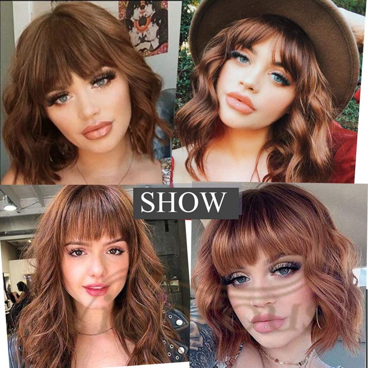 Vigorous Cheap Price Middle Long With Neat Bangs Brown Machine Made High Temperature Fiber For Black Women Synthetic Hair Wigs