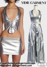 100% PU Stretch Silver Corset Halter Neck Top