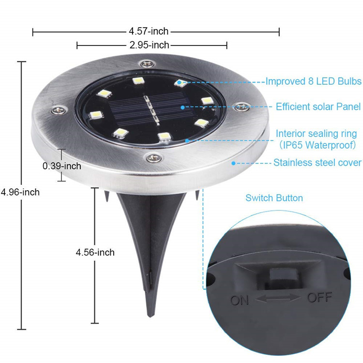 Wason Hot Sale 8LED Auto On/off Night Security Disk Powered Led Garden Light Walkway Outdoor Solar Ground Lights