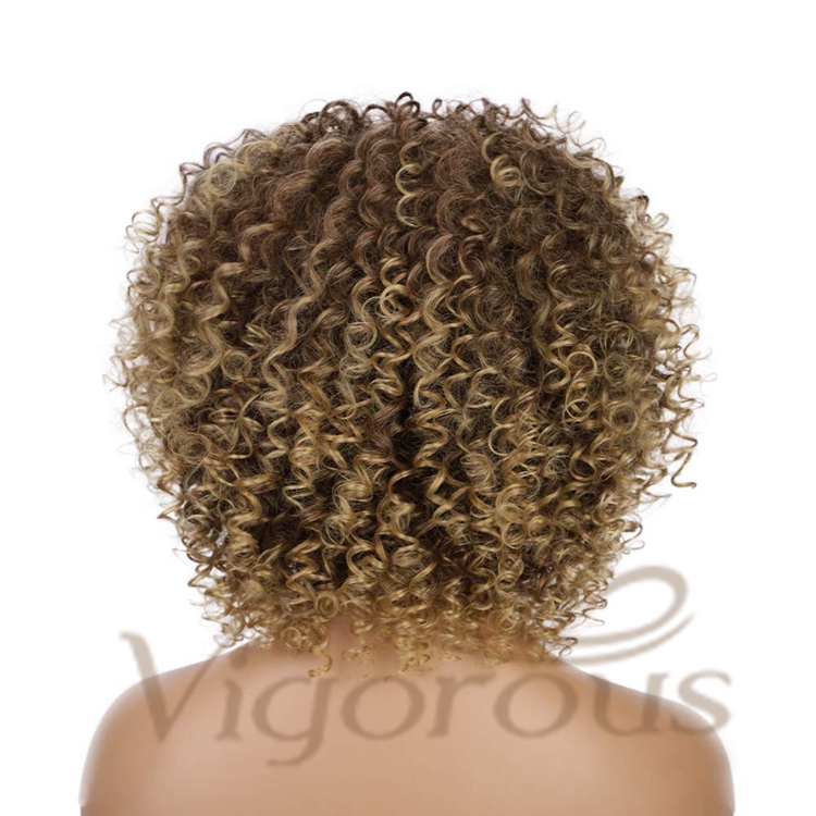 Vigorous Hot Selling Cheap Price Shoulder Length Kinky Curly Fluffy With Bangs Ombre Brown For Black Women Synthetic Hair Wigs