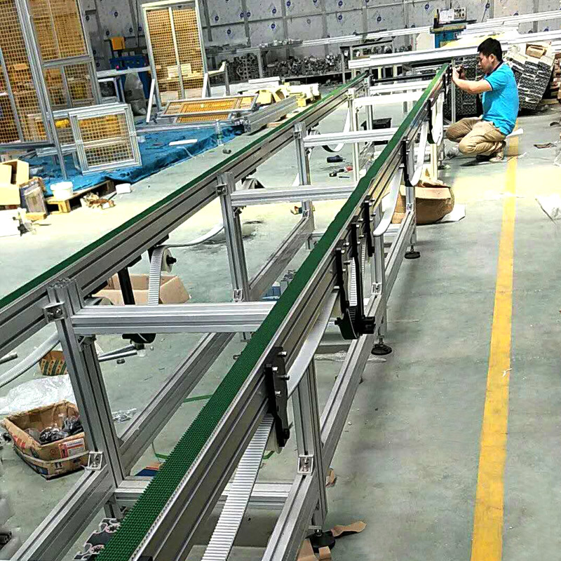 Custom aluminum storage cabinet belt conveyor table with steel protection fence