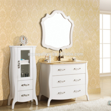 White Painted Single Sink Marble Counter Wooden Bathroom Furniture