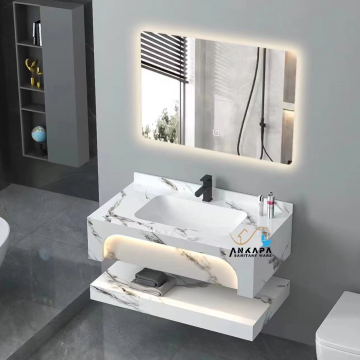 Marble Bathroom Cabinet with Double Layers, Mirror Vanity, and Slate Basin