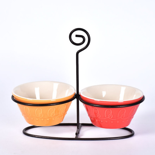 Snacks Ceramic Sauce Dipping Bowls with Iron Stand