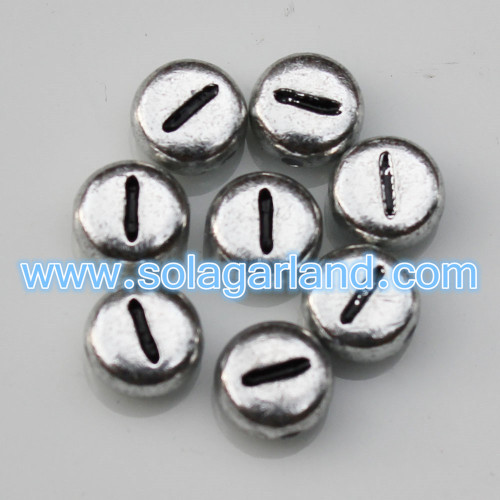 4x7mm acrylique 0 à 9 chiffres / chiffres lettre argent pièce ronde plate perles d&#39;espacement