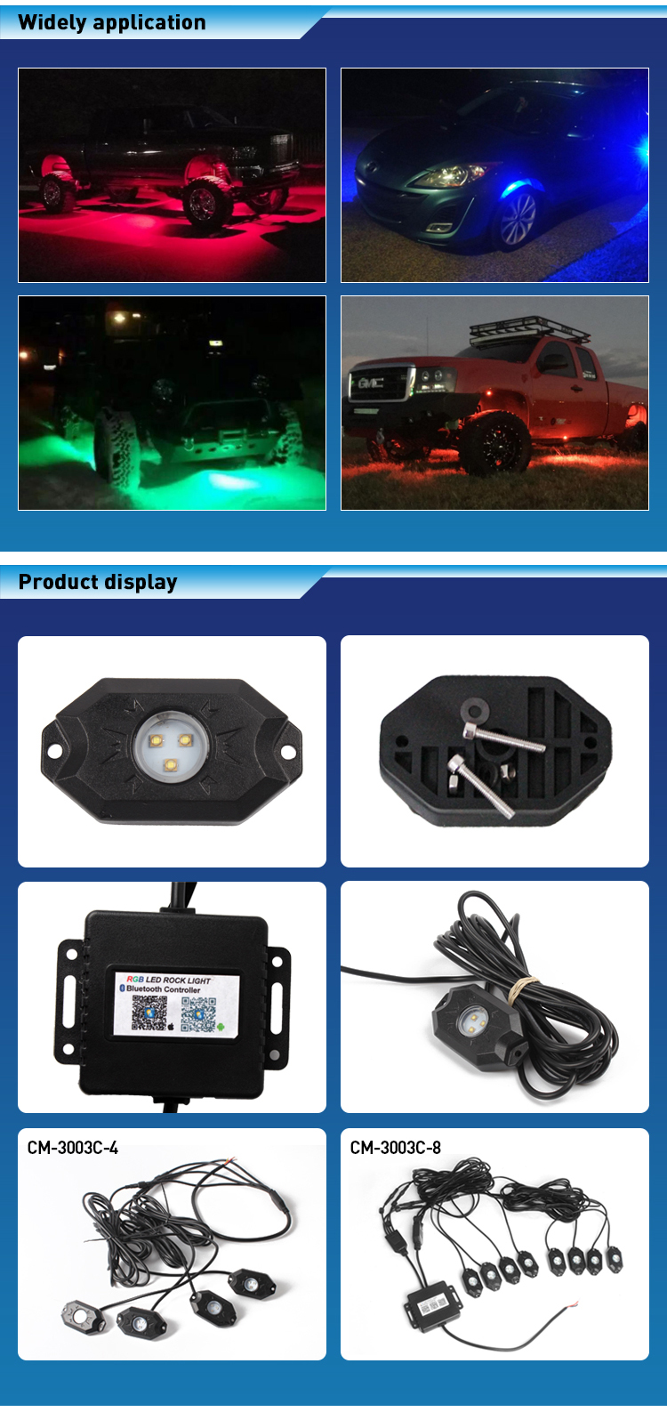 RGB LED rock light kits, 16 million colors 3.5'' 4*9 W APP control music mode, 4 pods off road RGB led rock light