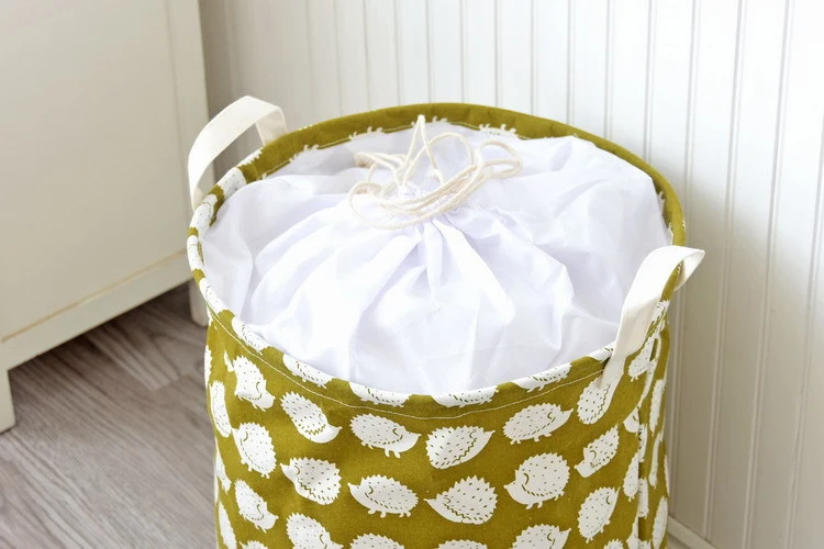 17.7 Inches Large Drawstring Closure Folding Waterproof Round Cotton Linen Collapsible Storage Bin Hamper Laundry Bags Basket