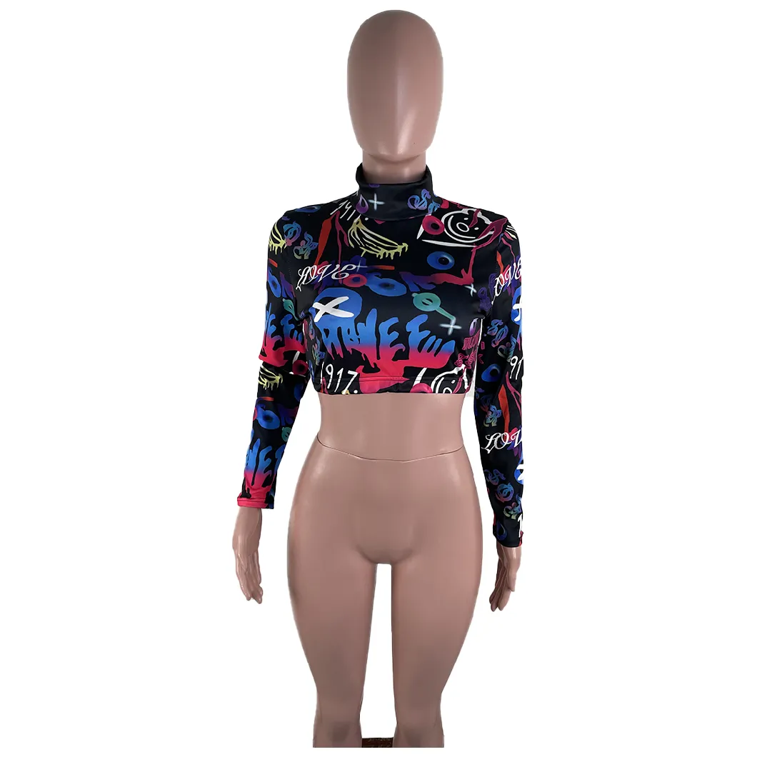 L99463 Wholesale Women New Design Casual Print High Neck Crop Top