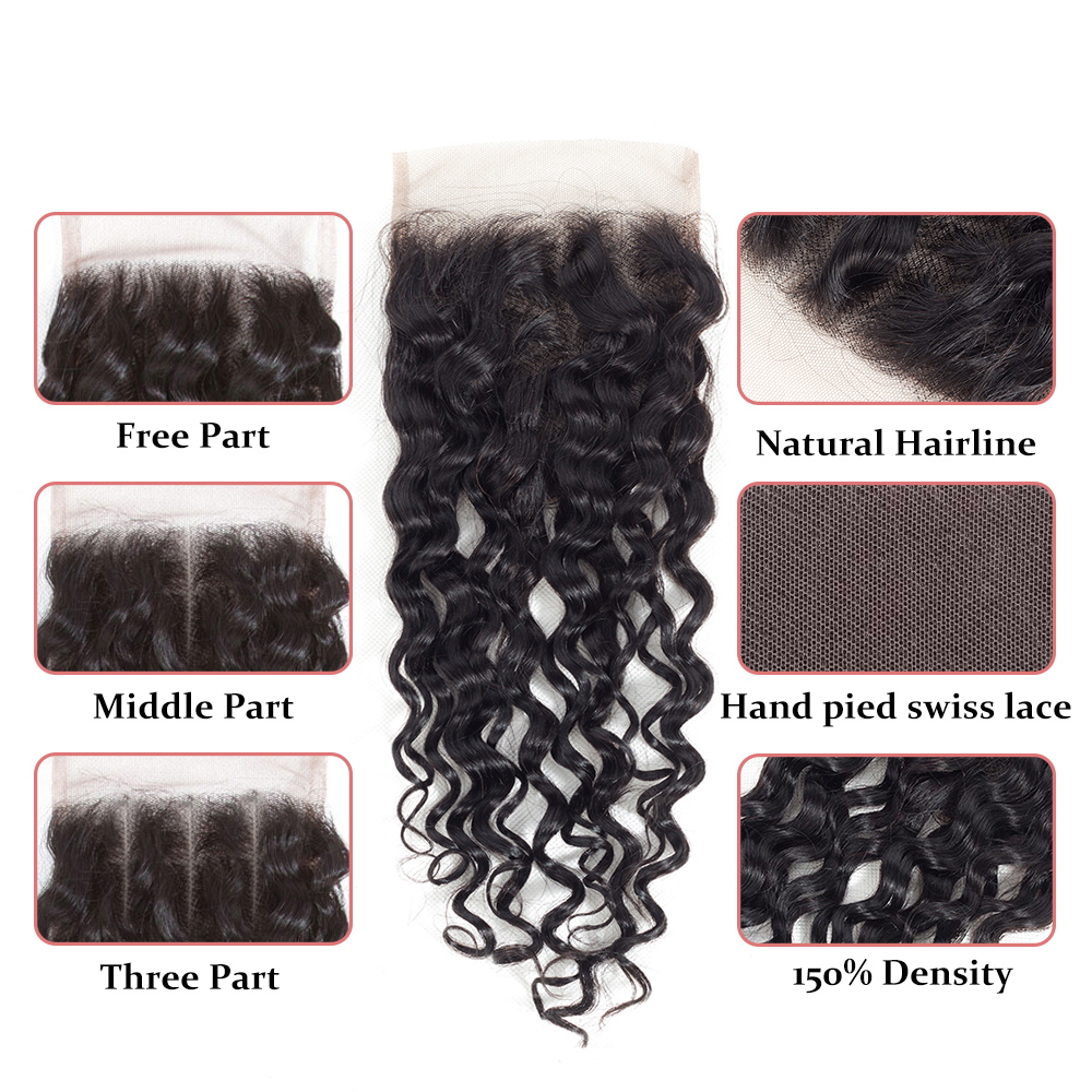 150% density brazilian water wave 4x4 human hair closure with baby hair