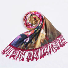 Reversible Two Layers Warm Winter Fringy Stoles Brused and Digital Printed in Pure Silk