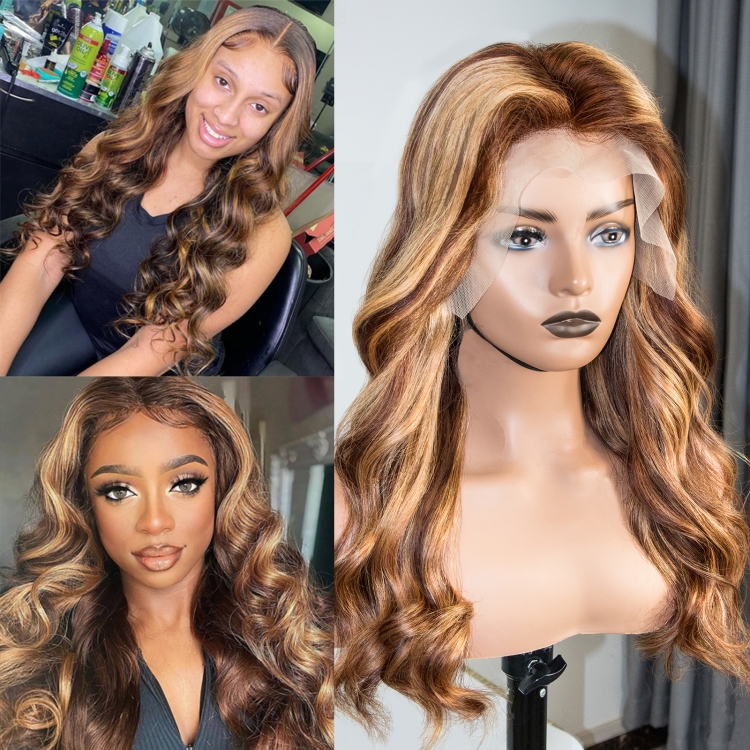 Highlight Wig Vendor Wholesale P4/27 Color Honey Blonde Ombre Hair Wig Mink Brazilian Virgin Human Hair HD Lace Front Wig