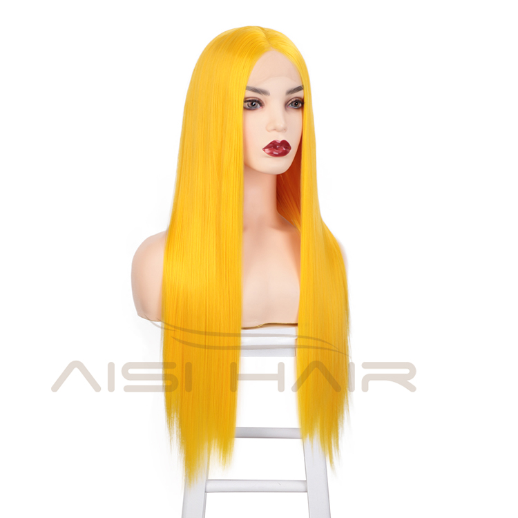 Aisi Hair 26 Inch Long Silky Straight Yellow Wig Cosplay Swiss Lace Wig Middle Part Synthetic Lace Front Wigs For Black Women