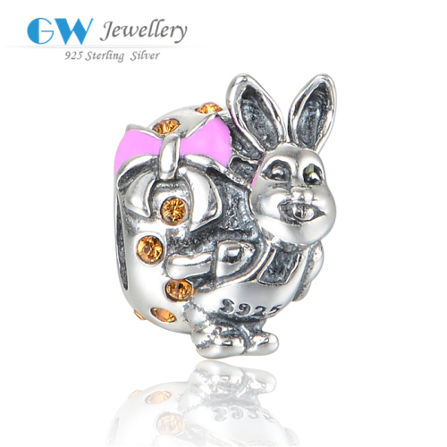 Cute 925 Sterling Silver Rabbit Beads Charm With Rhinestone Paved For Bracelet