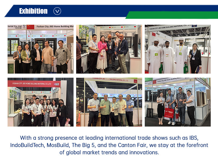 JBD HOME exhibiting at top global trade shows including IBS, IndoBuildTech, MosBuild, The Big 5, and Canton Fair — connecting with international buyers, showcasing aluminum doors & windows, and staying ahead of market trends.