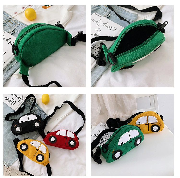Cute Car Design Lightweight Canvas Travel Crossbody Belt Bumbag Green Adjustable Travel Outdoor Sports Waist Bag for Kids