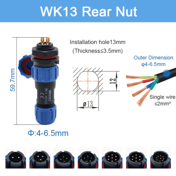WK13 Conector de tuerca trasera de montaje en línea impermeable en línea