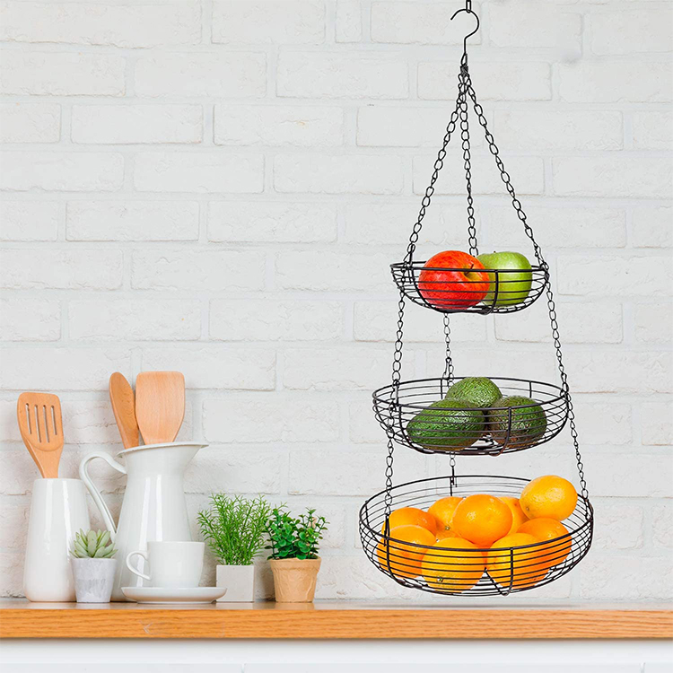 Keranjang Buah Kawat Logam Stainless Steel 3-Tier Gantung