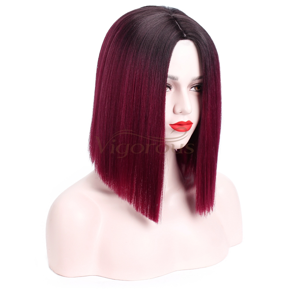 Black Ombre Wine red Synthetic no lace Wig For black Women Short Straight Bob Wigs High Temperature Fiber Middle Part
