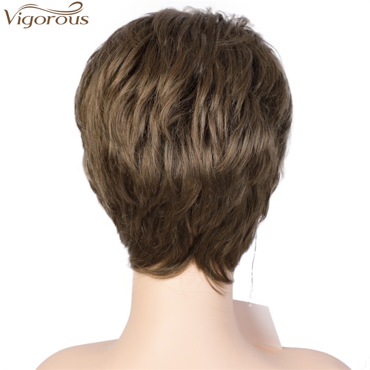 Vigorous High Temperature Top Quality Short Synthetic Grey Mixed Brown Pixie Cut Hairstyles Layered Fluffy Wigs