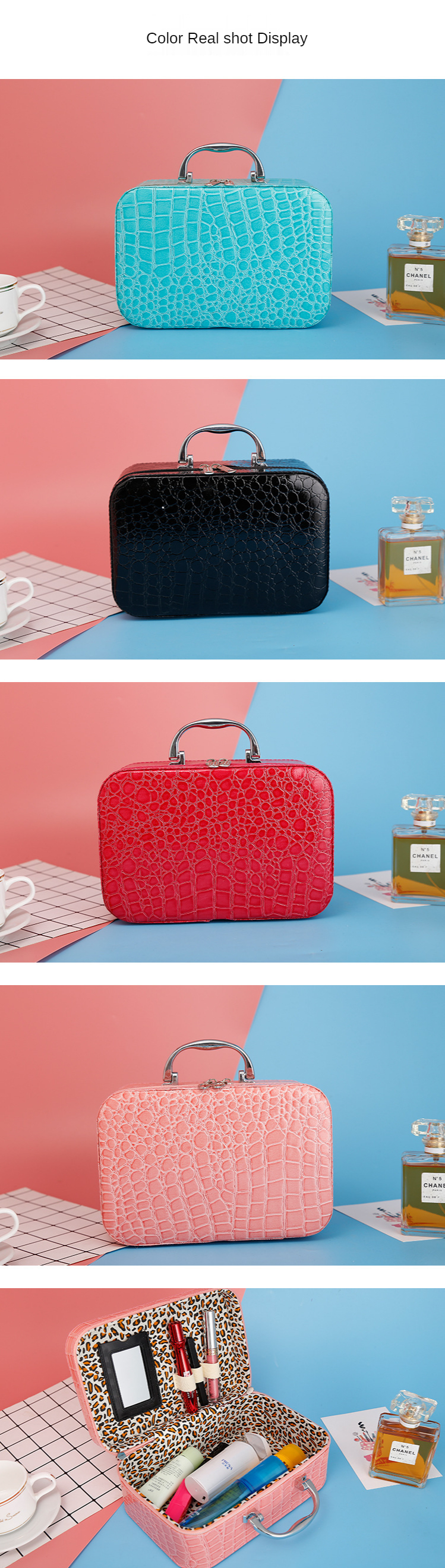 Korean Stone Pattern Cosmetic Case with Mirror Ladies Portable Storage Bag Square Zipper Cosmetic Bag Factory Wholesale