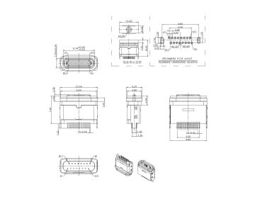 Type-C 16P Female Waterproof 180° DIP Type