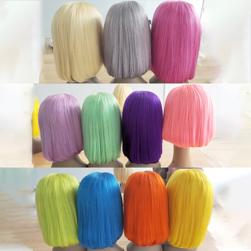 Wholesale Pink Orange Blue Red Grey Turquoise 613 Blond Color Wig Brazilian Virgin Human Hair Long Colored Lace Frontal Bob Wig