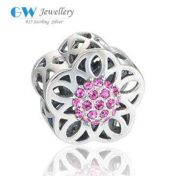 China Wholesale Flower Design Hollow Beads Jewelry With Pink Gemstone For Bracelet 925 Silver