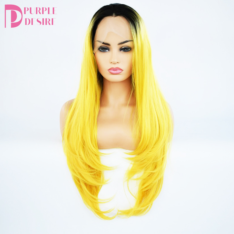 DTL 28 Inches Long Ombre Color Jumbo Body Wave Synthetic Fiber Hair Hand Tied Lace Front Wigs