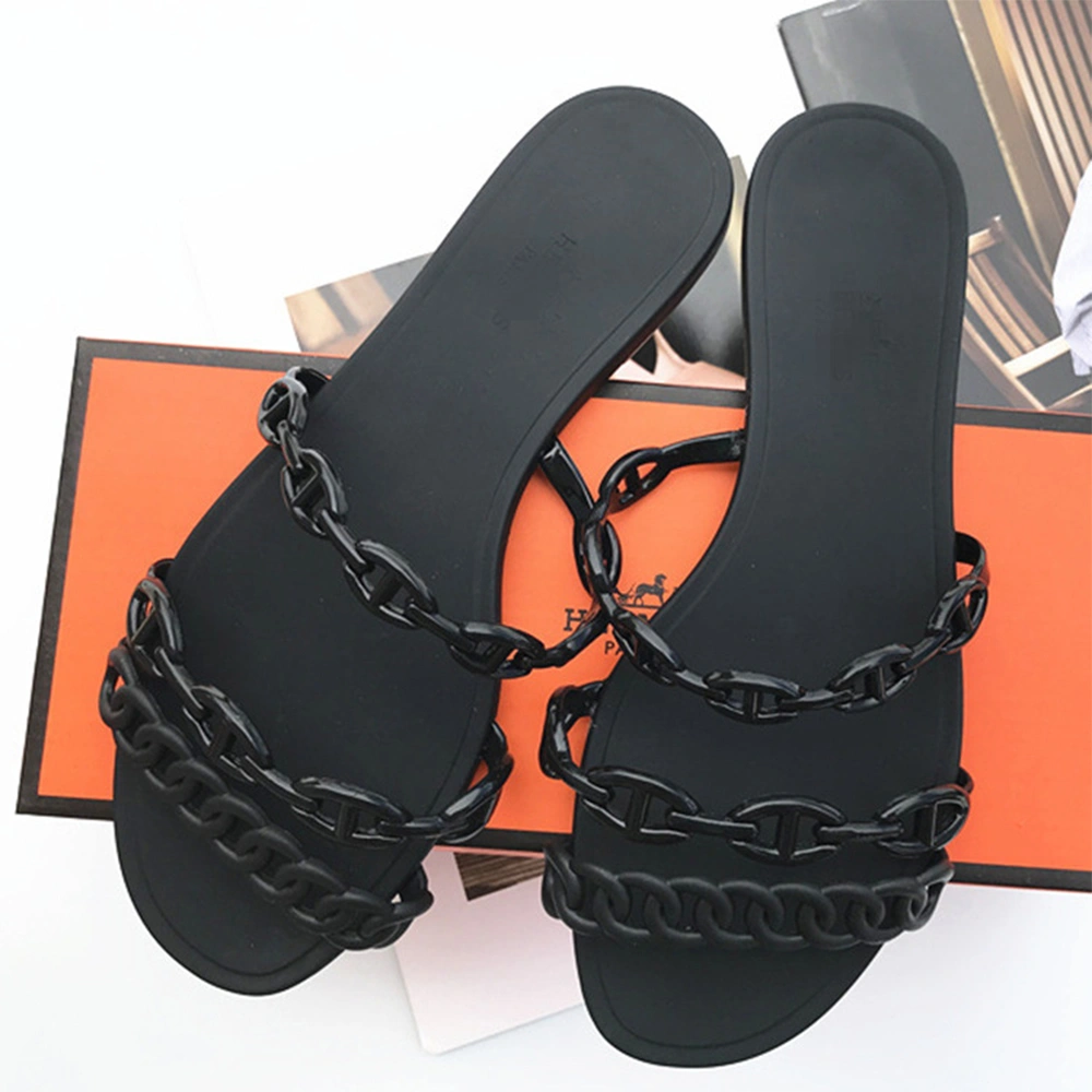 Women Flat Slippers Fashion Black Chain Flip Flops Sandals Outdoor Comfortable Woman Flats Sandals Beach Shoes