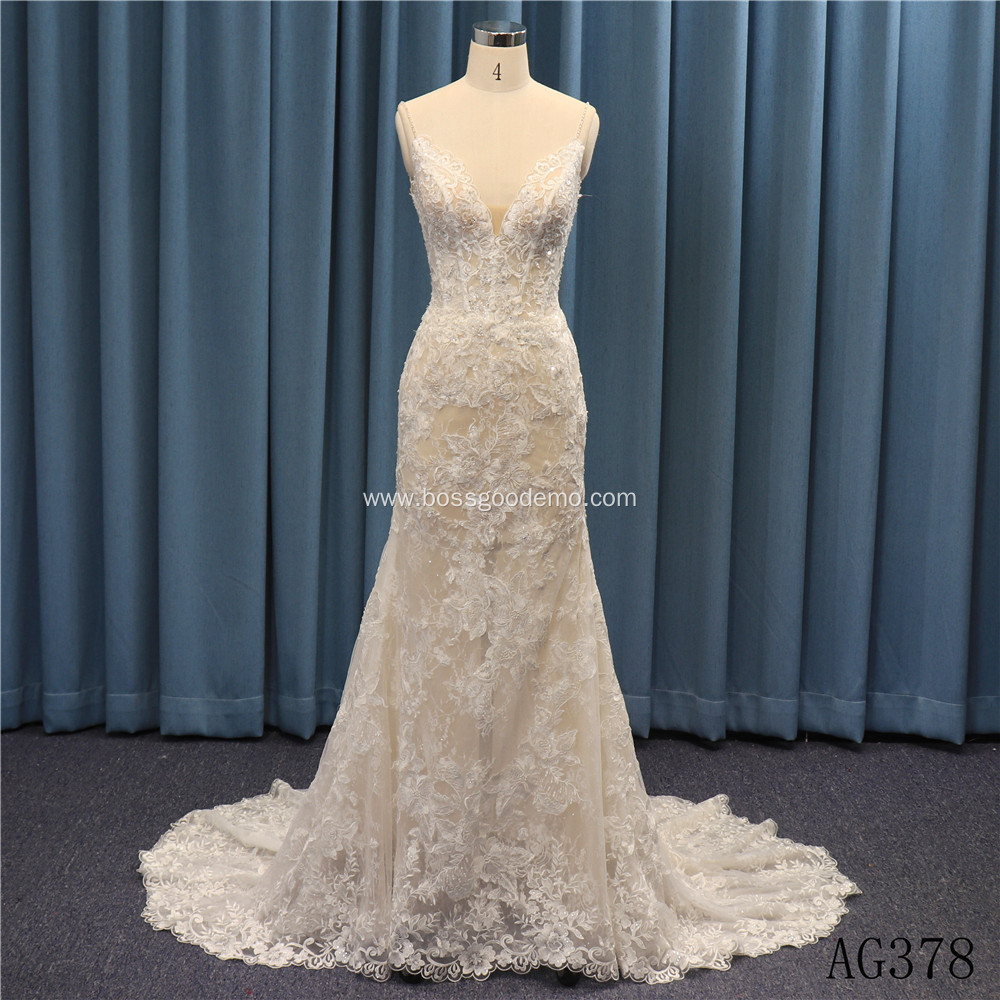 Luxury Champagne Colored Sexy Flare Crystal Lace Bridal Gown Sleeveless Beaded Mermaid Wedding Dress