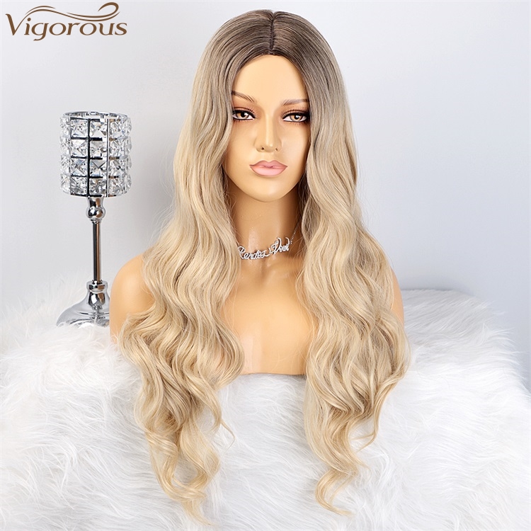 Ombre Black Blonde Hair For Wig Long Layered Synthetic Hair Wigs No Lace Long Water Wavy Hair Daily Use Wig