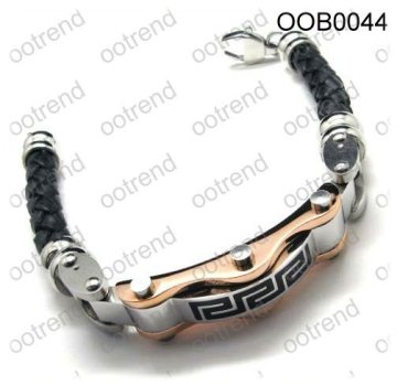 Black leather gold metal men bracelet ,fashion leather men bracelet