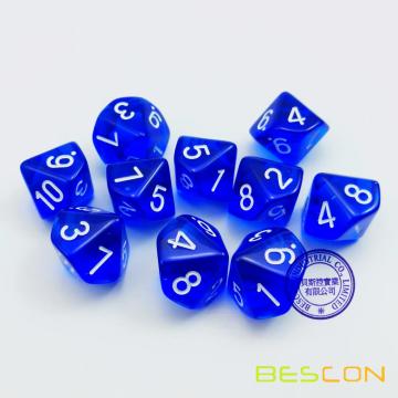 Bescon Polyhedral 10 Seiten Würfel mit Nummer 1-10, blau transparente 10-seitige Würfel, 10 Seiten Würfel 1-10