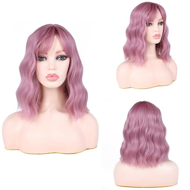 Wavy Bob Wig with Bangs Fringe Short Shoulder Length for Women Synthetic Fiber Hair with Skin Scalp Cosplay