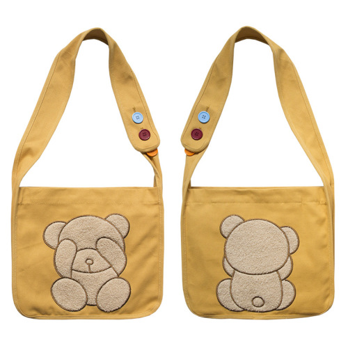 Canvas Shoulder Bag Embroidery Cute Bear Pattern